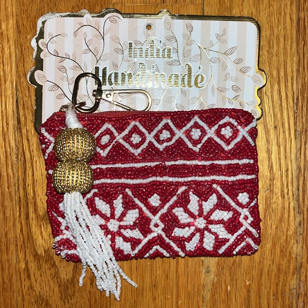 Handmade Red & White Beaded Coin Pouch with Tassel & Clip